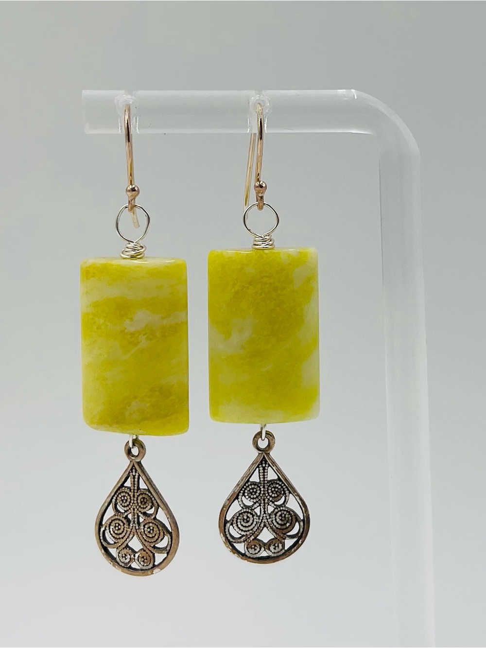 Handcrafted Polished Citrine Jasper Stone Drop Earrings with Filigree Teardrops